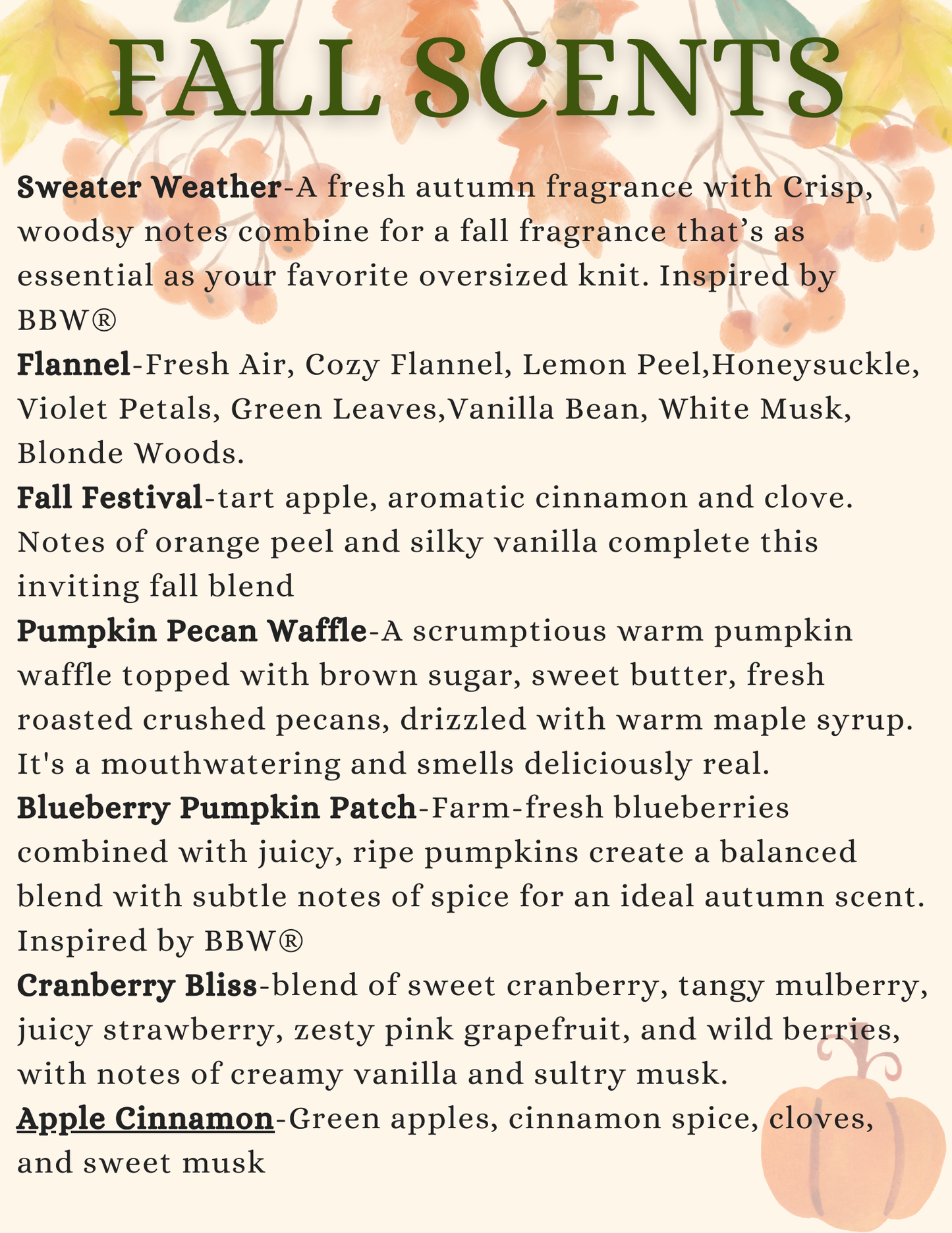 Freshie Scents & Descriptions